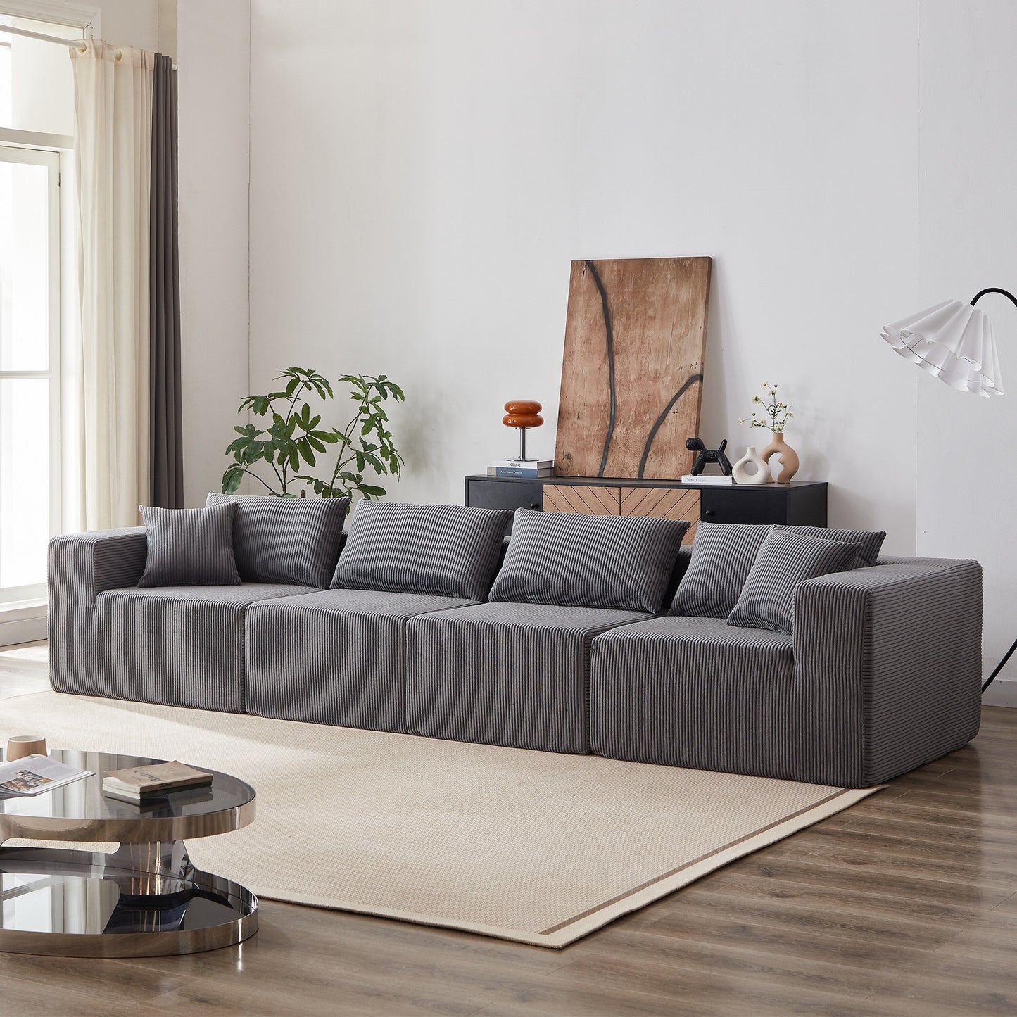 Canapé d'angle modulaire en cordouroy de 264 cm, ensemble de canapé de sol, canapé compressé rempli de mousse, combinaison libre de 4 pièces.
