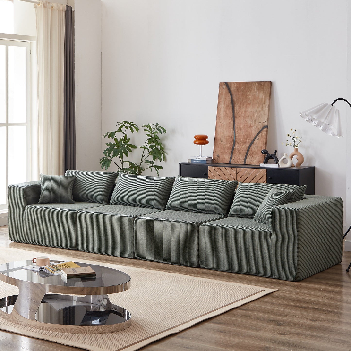 Canapé d'angle modulaire en cordouroy de 264 cm, ensemble de canapé de sol, canapé compressé rempli de mousse, combinaison libre de 4 pièces.