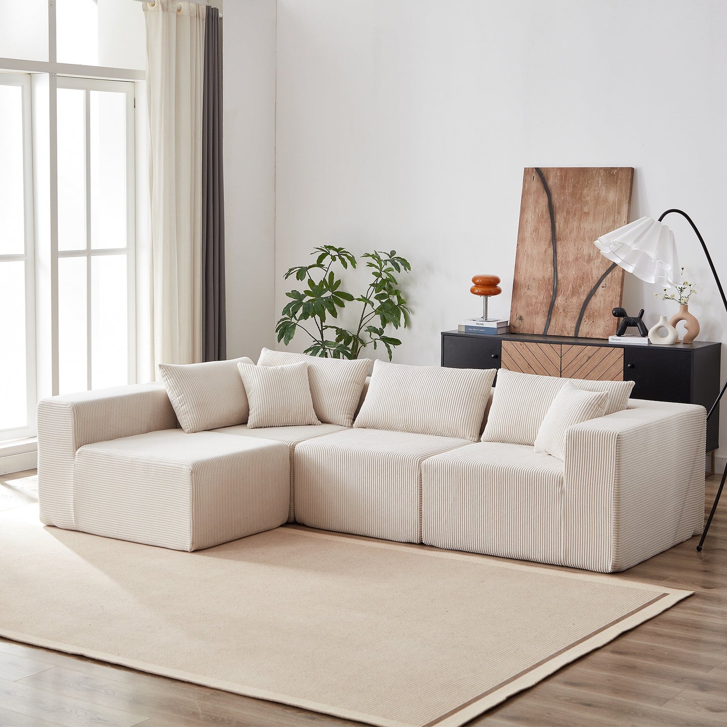 Canapé d'angle modulaire en cordouroy de 264 cm, ensemble de canapé de sol, canapé compressé rempli de mousse, combinaison libre de 4 pièces.
