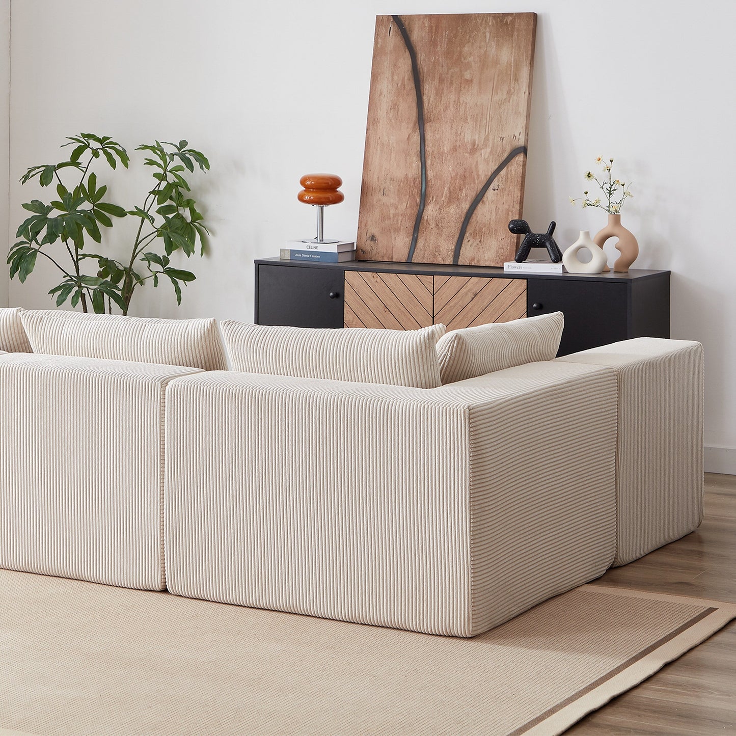 Canapé d'angle modulaire en cordouroy de 264 cm, ensemble de canapé de sol, canapé compressé rempli de mousse, combinaison libre de 4 pièces.