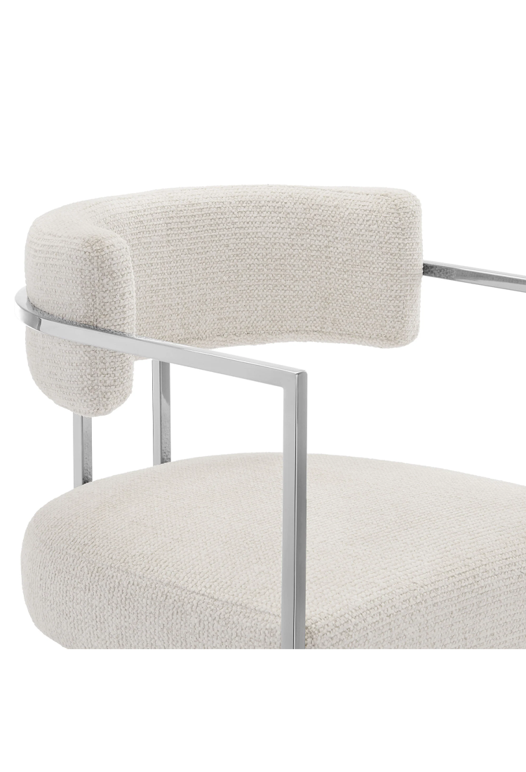 Tabouret de bar Ardenza en tissu et métal à dossier incurvé, couleur crème argentée