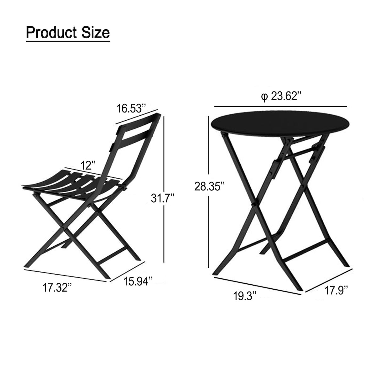 Ensemble bistrot de terrasse 3 pièces : table ronde et chaises pliantes