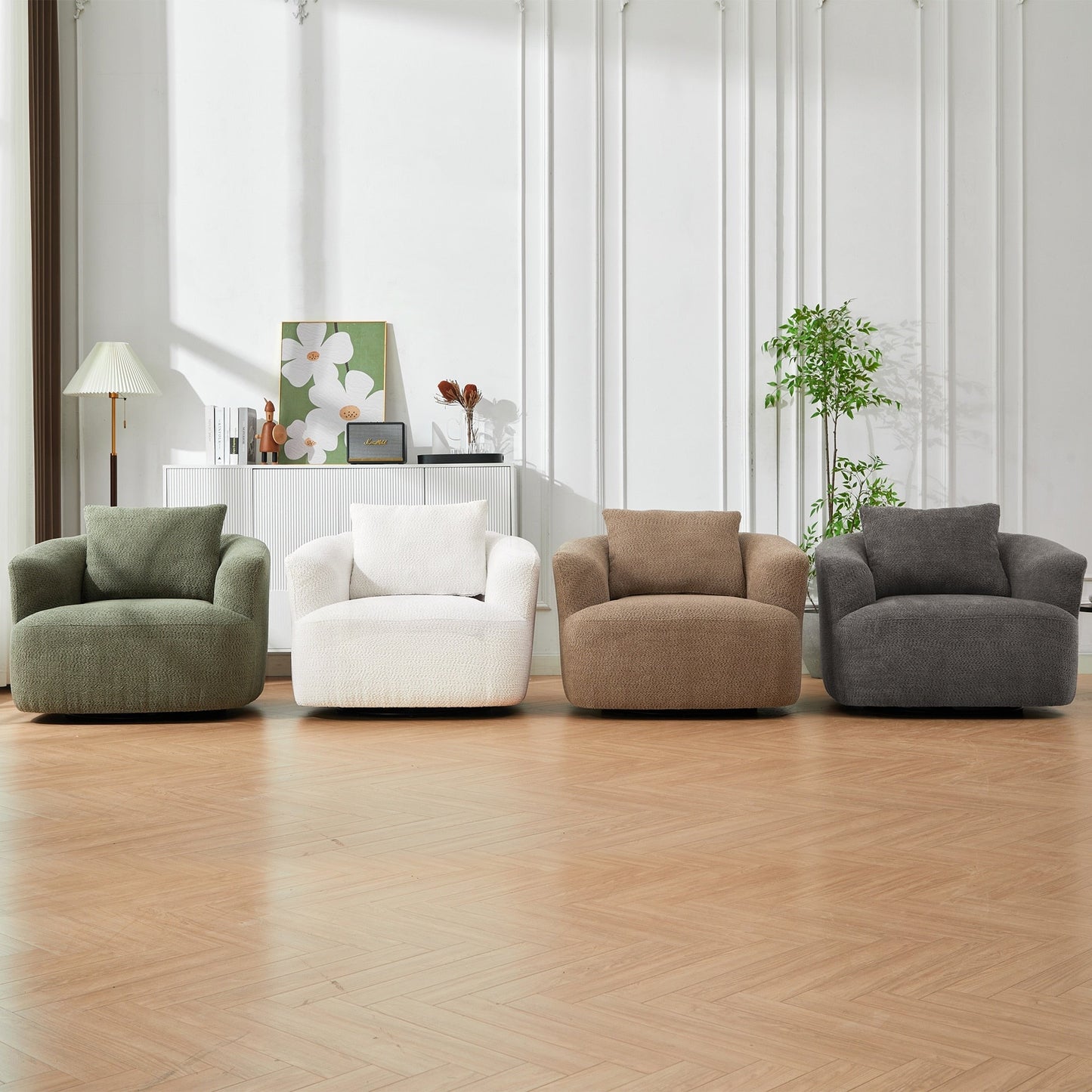 Chaise pivotante à 360°, chaise d'appoint en boucle de 38,2 pouces avec coussin décoratif, chaise de canapé en forme de tonneau avec accoudoirs incurvés.
