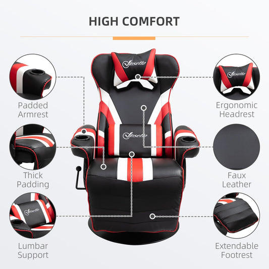 Fauteuil de jeu inclinable pivotant à 360° de style course automobile avec support lombaire, repose-pieds et double porte-gobelets pour salle de jeux.