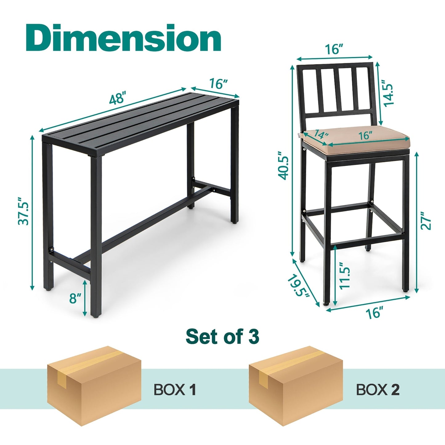 Ensemble table et chaises de bar de patio 3 pièces, table et chaises en métal avec coussins