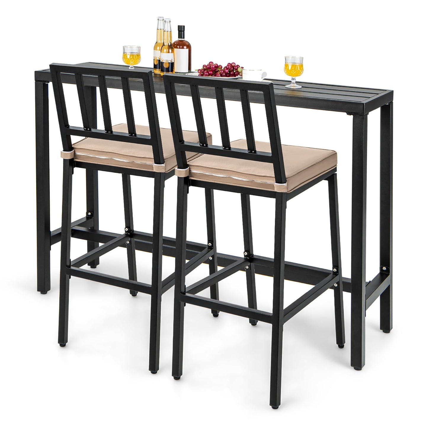 Ensemble table et chaises de bar de patio 3 pièces, table et chaises en métal avec coussins