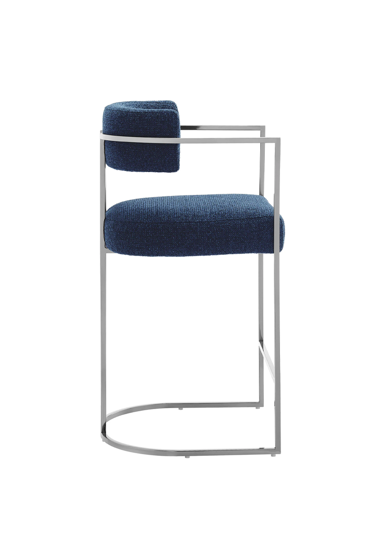 Tabouret de bar Ardenza à dossier incurvé en tissu et métal, bleu marine argenté