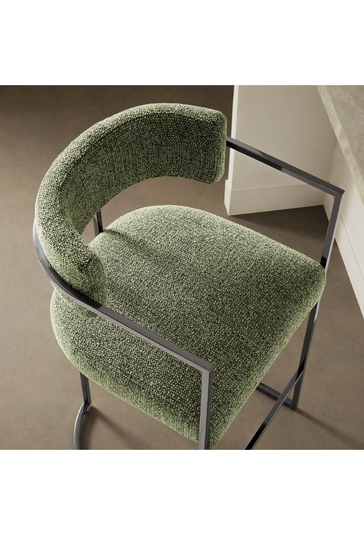 Tabouret de bar Ardenza en tissu et métal à dossier incurvé, feuille d'argent