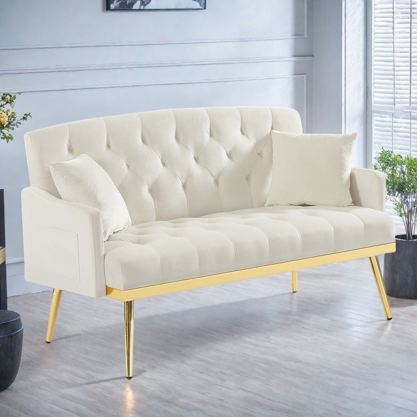 Canapé 2 places en velours 55.5 avec 2 coussins, design contemporain et assemblage facile.