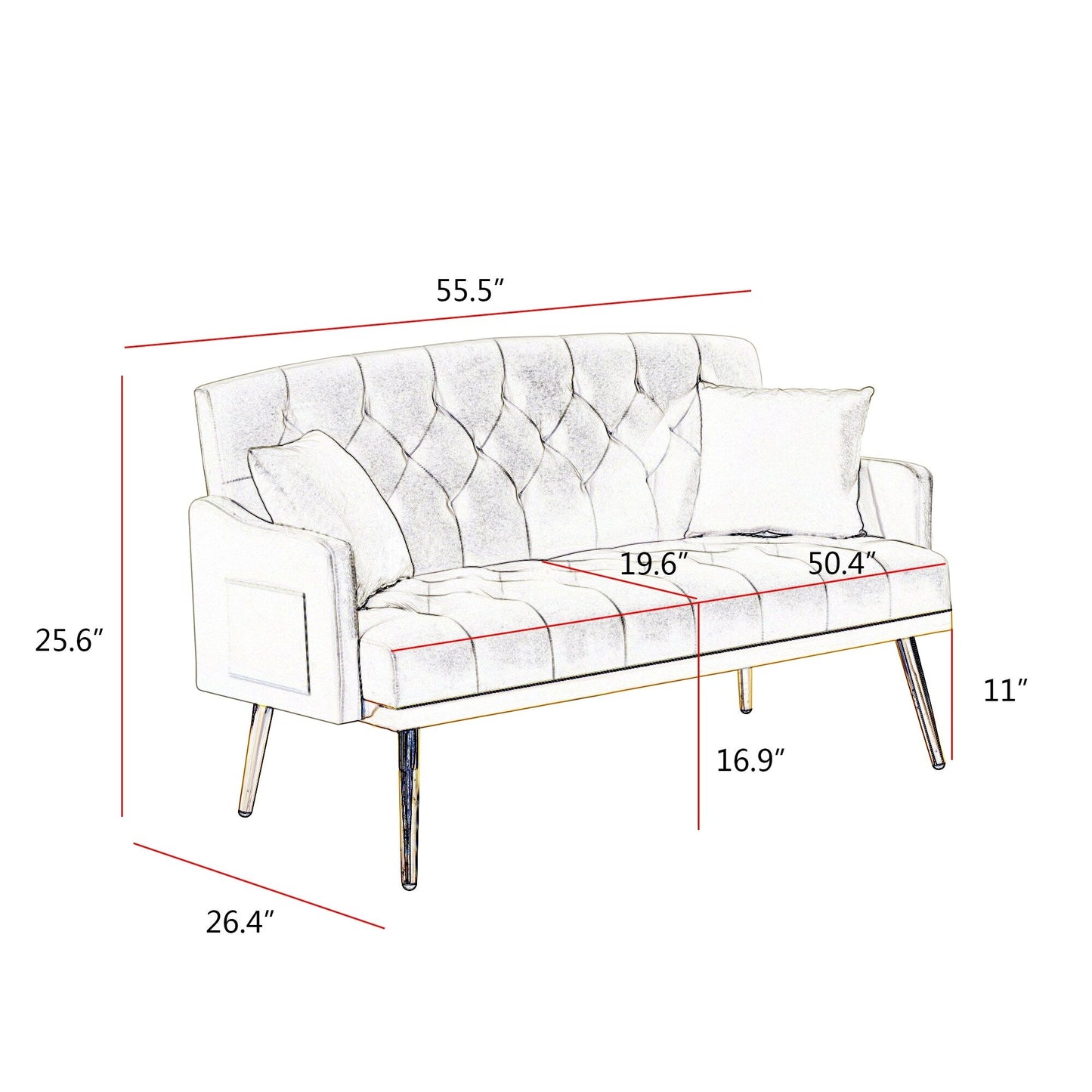 Canapé 2 places en velours 55.5 avec 2 coussins, design contemporain et assemblage facile.