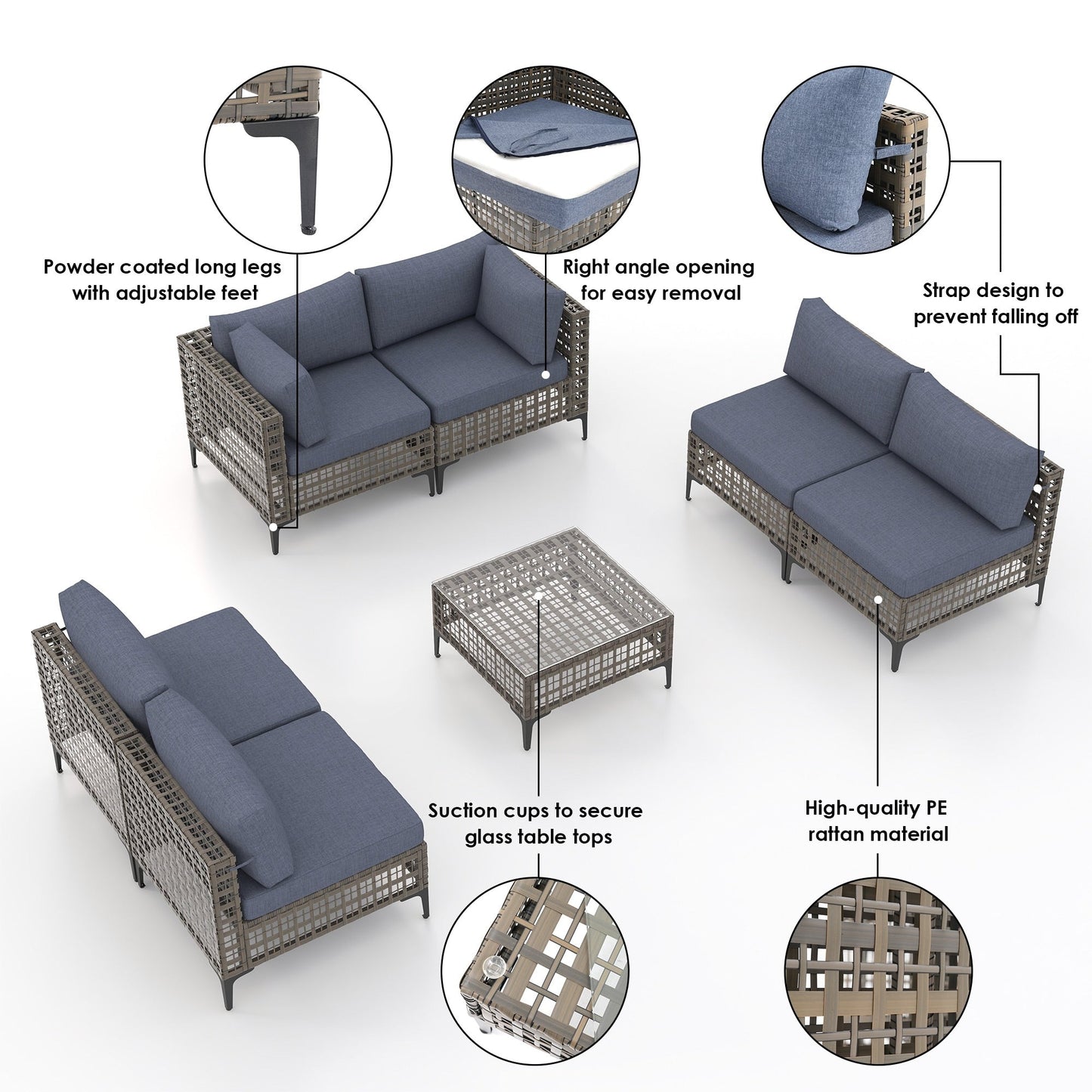 Ensemble de canapés modulaires d'extérieur pour 6 personnes avec coussins