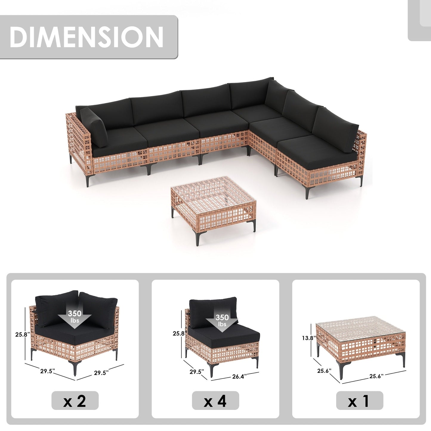 Ensemble de canapés modulaires d'extérieur pour 6 personnes avec coussins