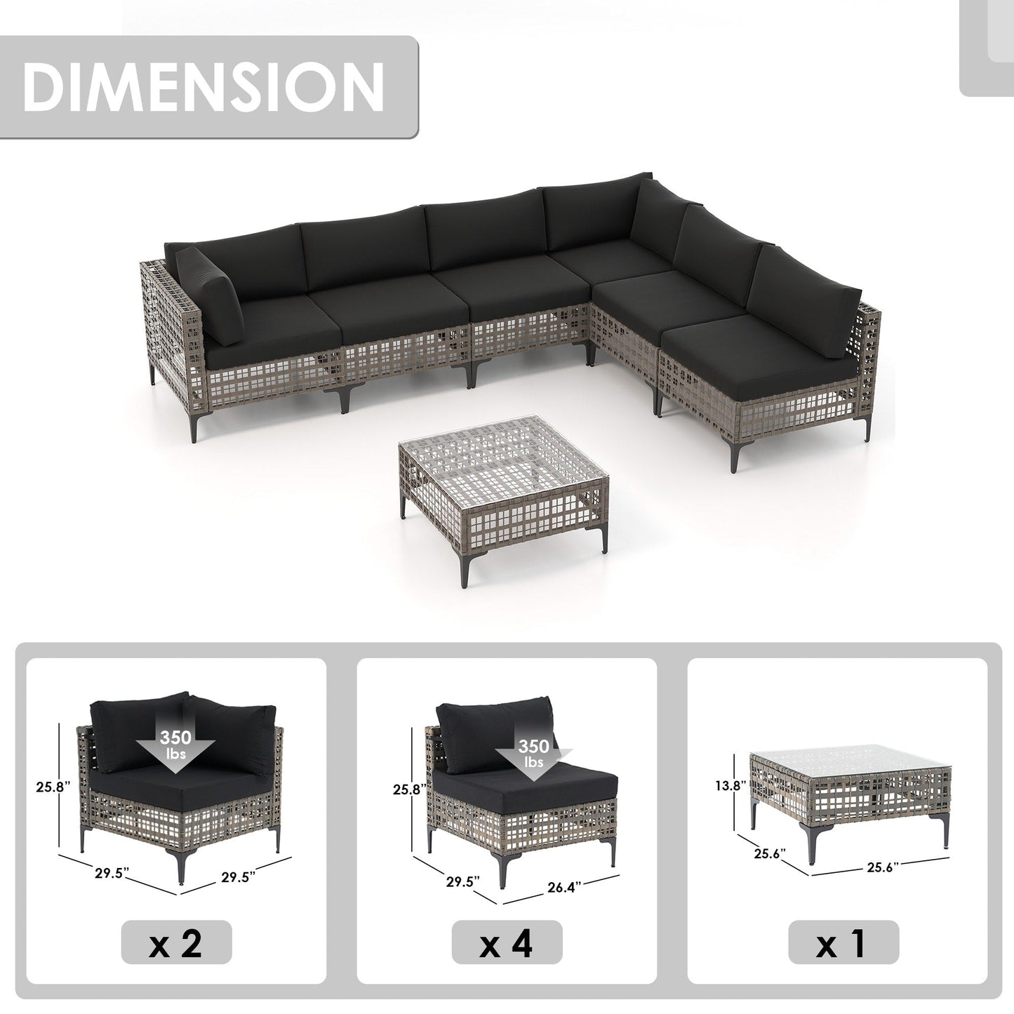 Ensemble de canapés modulaires d'extérieur pour 6 personnes avec coussins