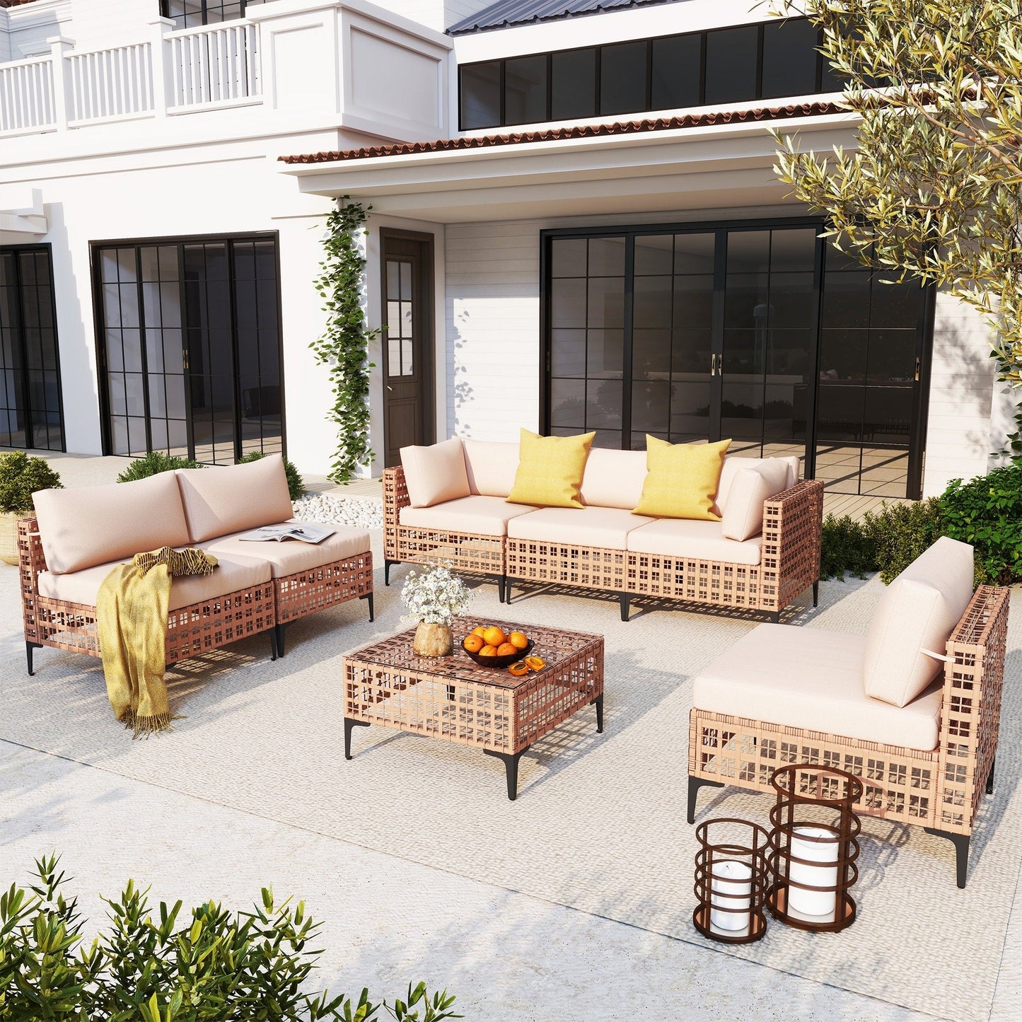 Ensemble de canapés modulaires d'extérieur pour 6 personnes avec coussins