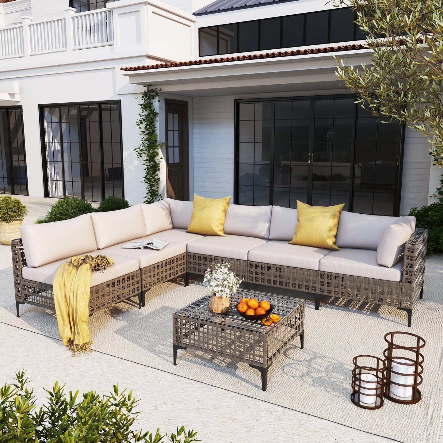 Ensemble de canapés modulaires d'extérieur pour 6 personnes avec coussins