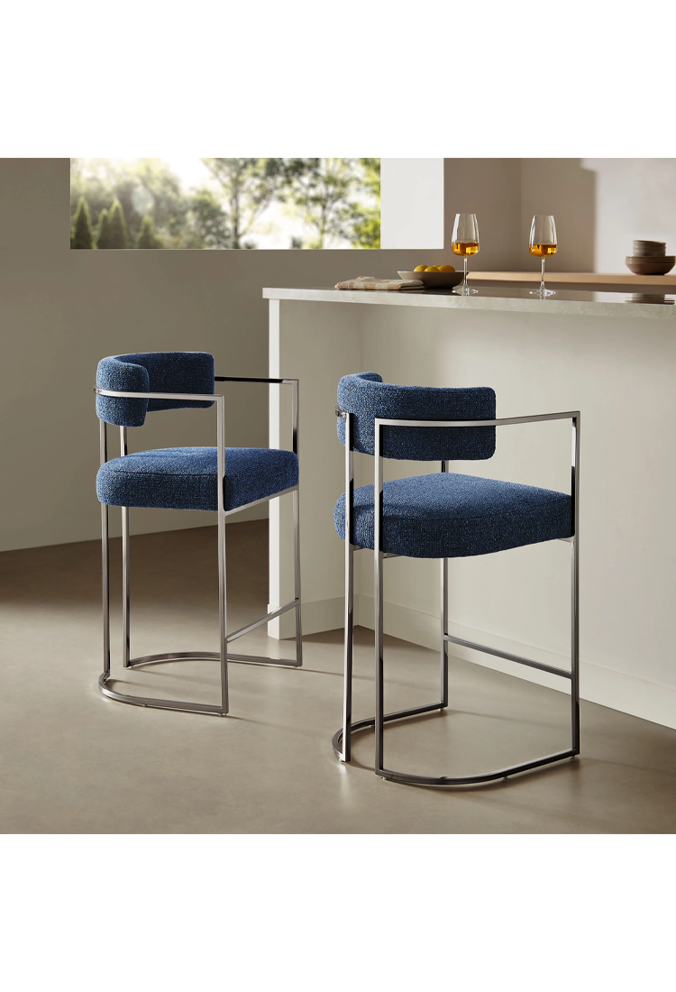 Tabouret de bar Ardenza à dossier incurvé en tissu et métal, bleu marine argenté