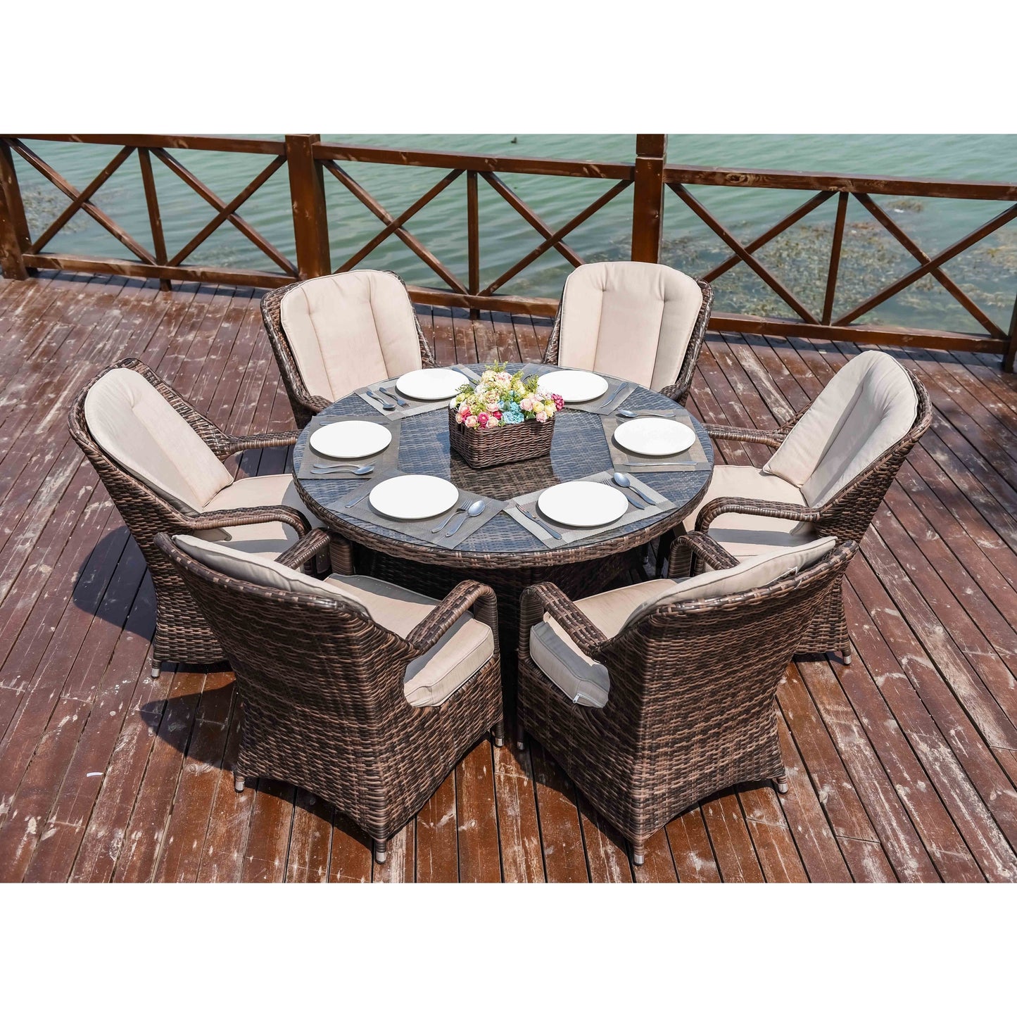 Ensemble de salle à manger rond en rotin pour extérieur, 7 pièces, avec coussins, par Moda Furnishings