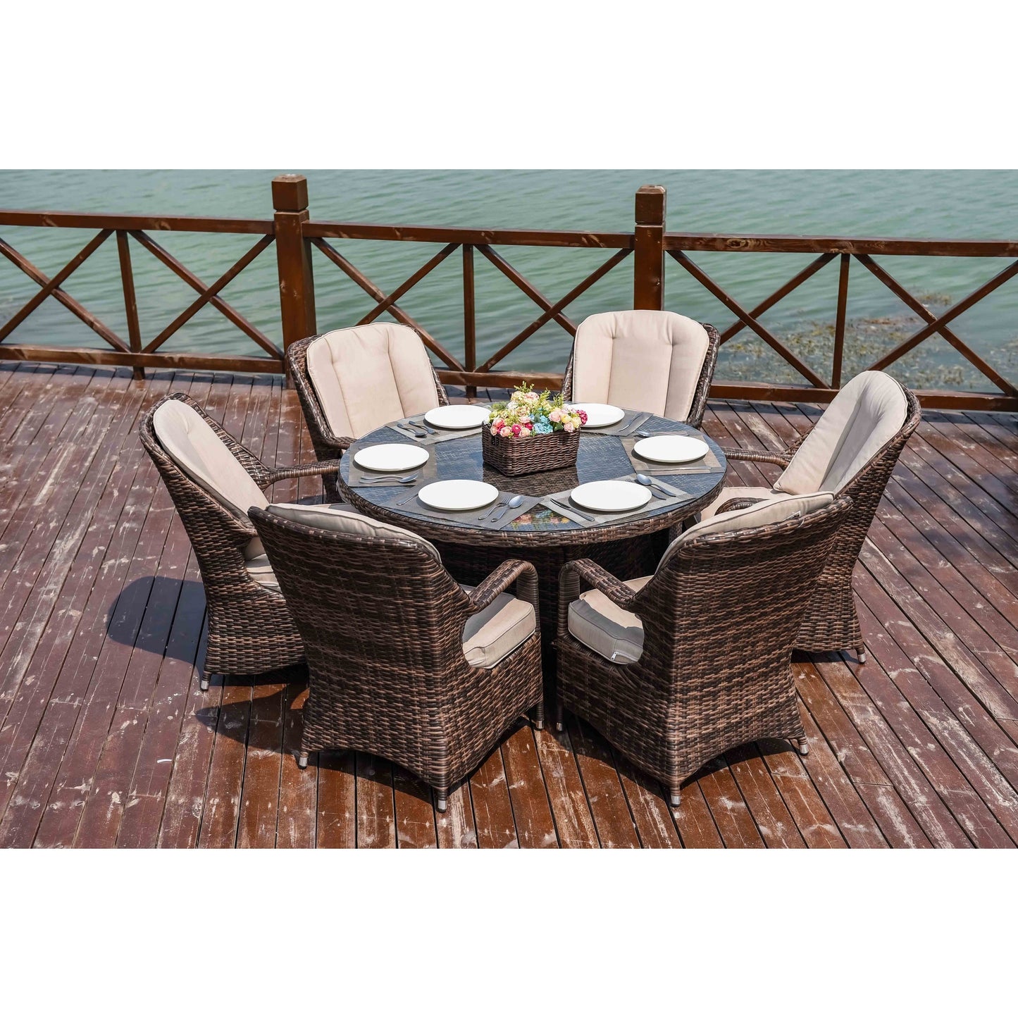 Ensemble de salle à manger rond en rotin pour extérieur, 7 pièces, avec coussins, par Moda Furnishings