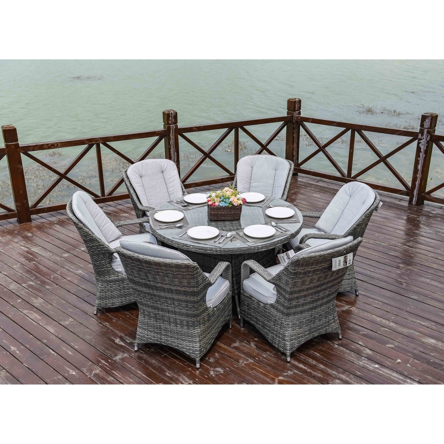 Ensemble de salle à manger rond en rotin pour extérieur, 7 pièces, avec coussins, par Moda Furnishings