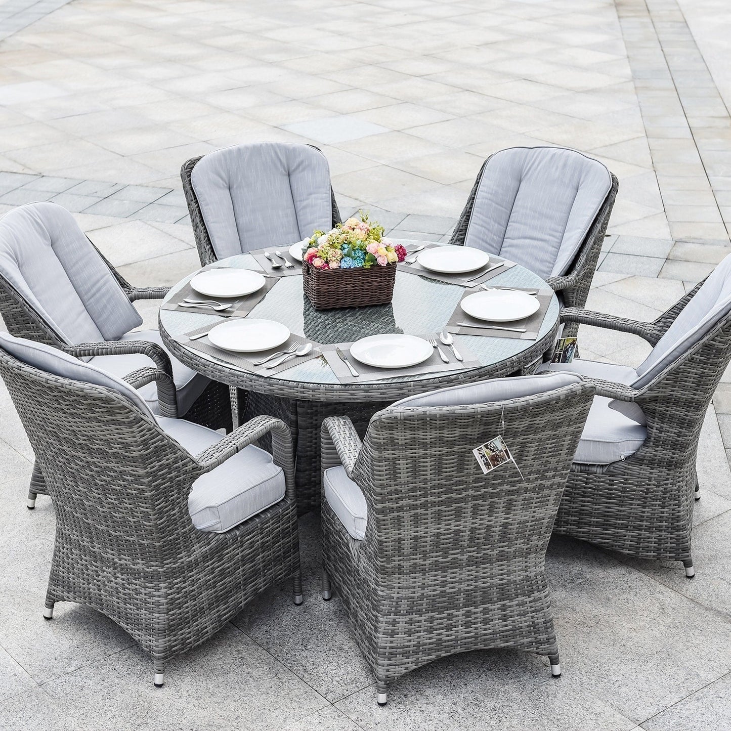 Ensemble de salle à manger rond en rotin pour extérieur, 7 pièces, avec coussins, par Moda Furnishings