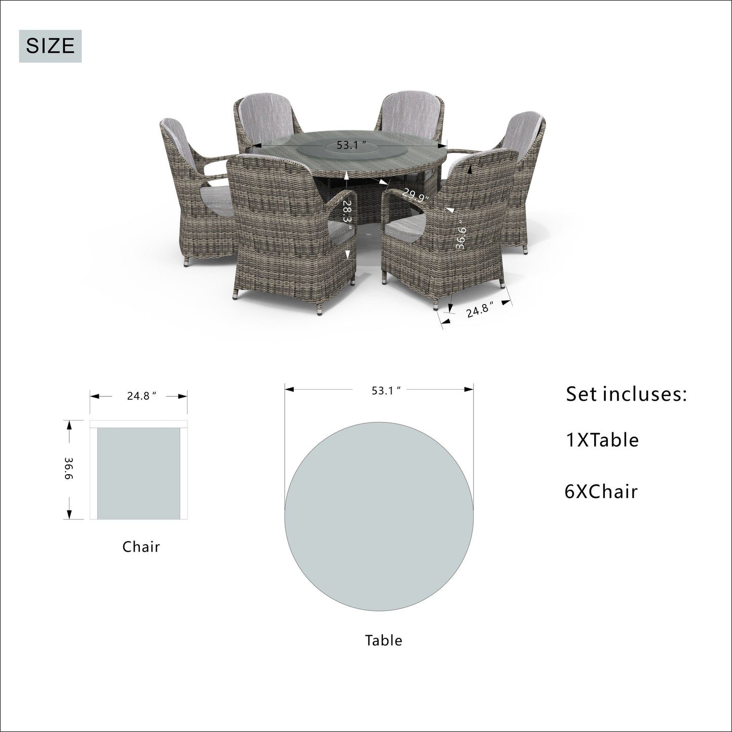 Ensemble de salle à manger rond en rotin pour extérieur, 7 pièces, avec coussins, par Moda Furnishings