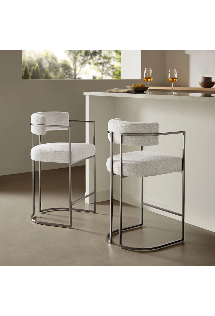 Tabouret de bar Ardenza en tissu et métal à dossier incurvé, couleur crème argentée