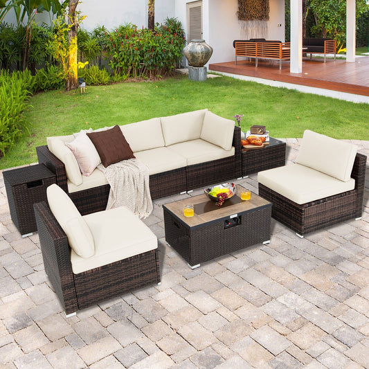 Ensemble de meubles de jardin en rotin 8 pièces, avec table de foyer, support de réservoir et housse de terrasse.