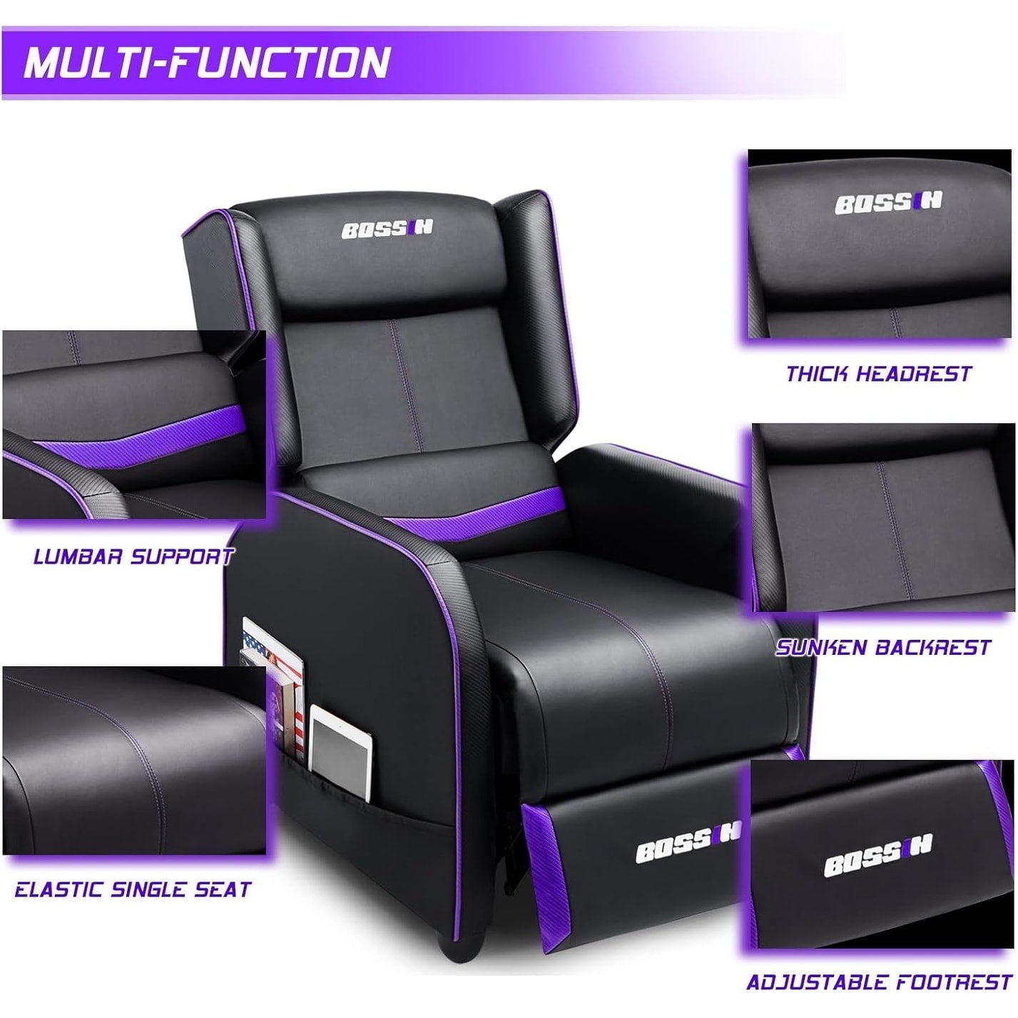 BOSSIN Fauteuil inclinable de jeu ergonomique en cuir PU pour salon