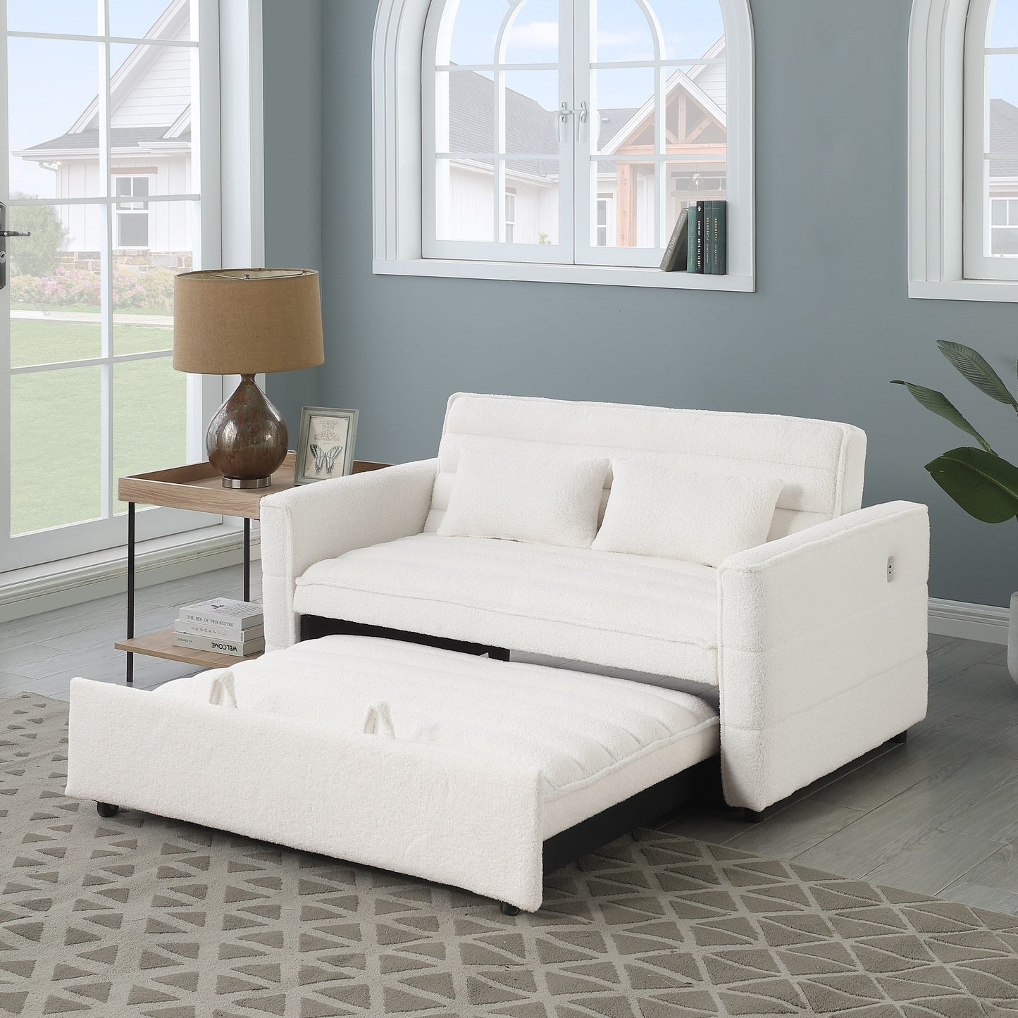 Canapé-lit convertible en tissu bouclé beige 55.12, avec dossier réglable et 2 coussins lombaires pour le salon.