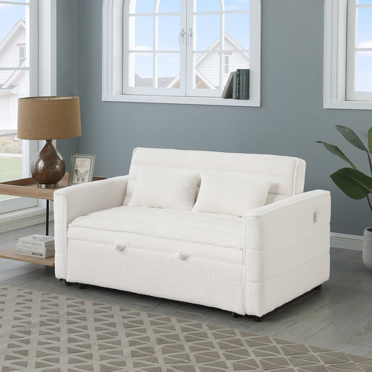 Canapé-lit convertible en tissu bouclé beige 55.12, avec dossier réglable et 2 coussins lombaires pour le salon.