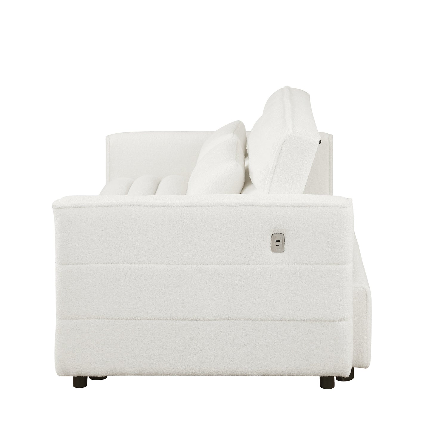 Canapé-lit convertible en tissu bouclé beige 55.12, avec dossier réglable et 2 coussins lombaires pour le salon.