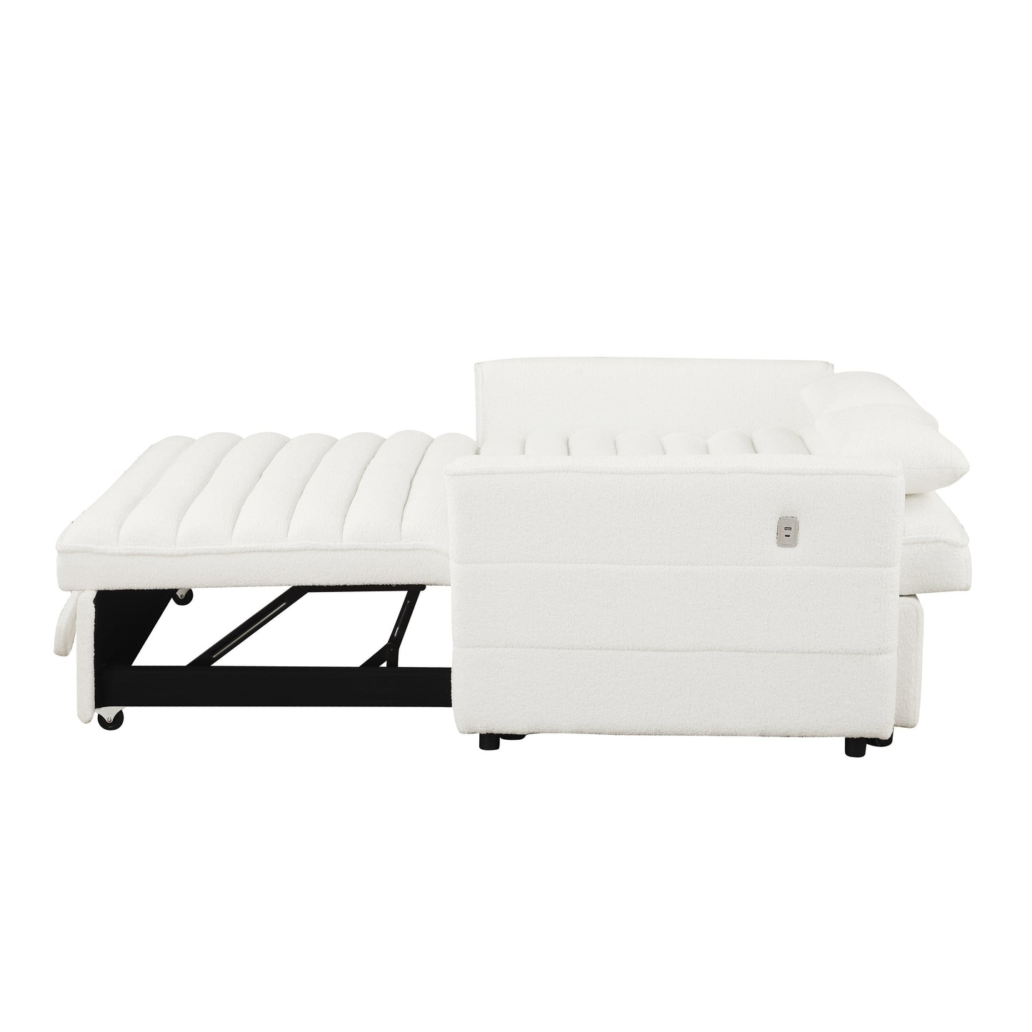 Canapé-lit convertible en tissu bouclé beige 55.12, avec dossier réglable et 2 coussins lombaires pour le salon.