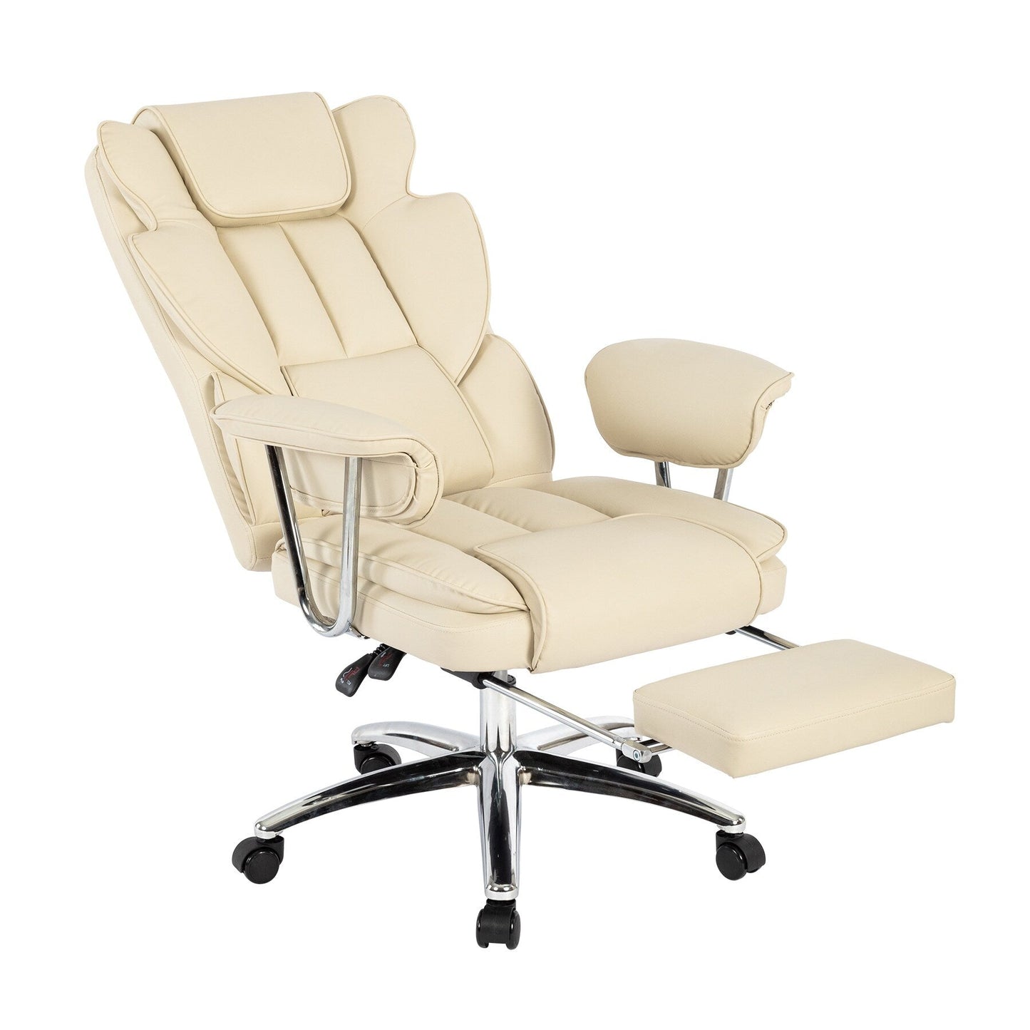 Fauteuil de bureau inclinable ergonomique à dossier haut, pivotant à 360°, en cuir synthétique beige, avec support lombaire, repose-pieds et hauteur réglable.