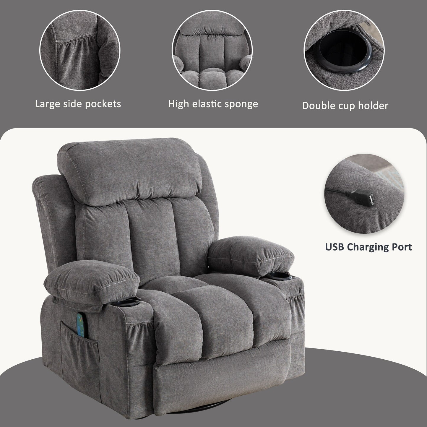 Fauteuil pivotant inclinable beige avec massage, chauffage et recharge USB