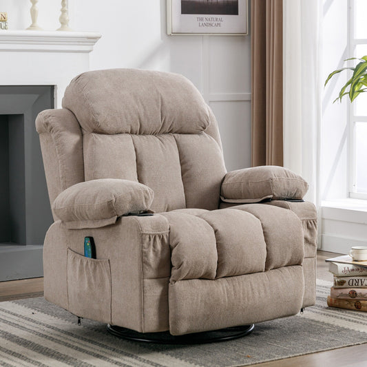 Fauteuil pivotant inclinable beige avec massage, chauffage et recharge USB
