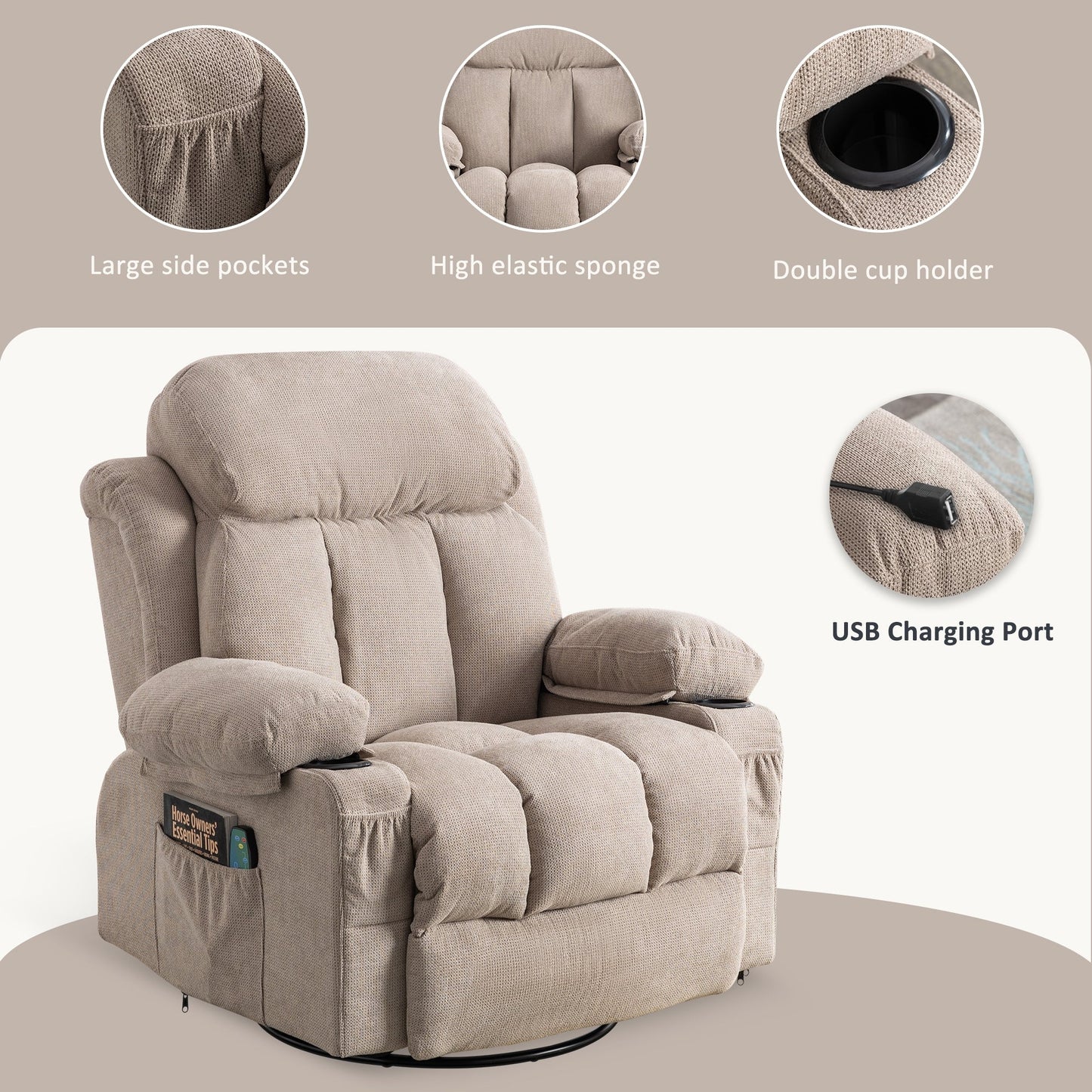 Fauteuil pivotant inclinable beige avec massage, chauffage et recharge USB