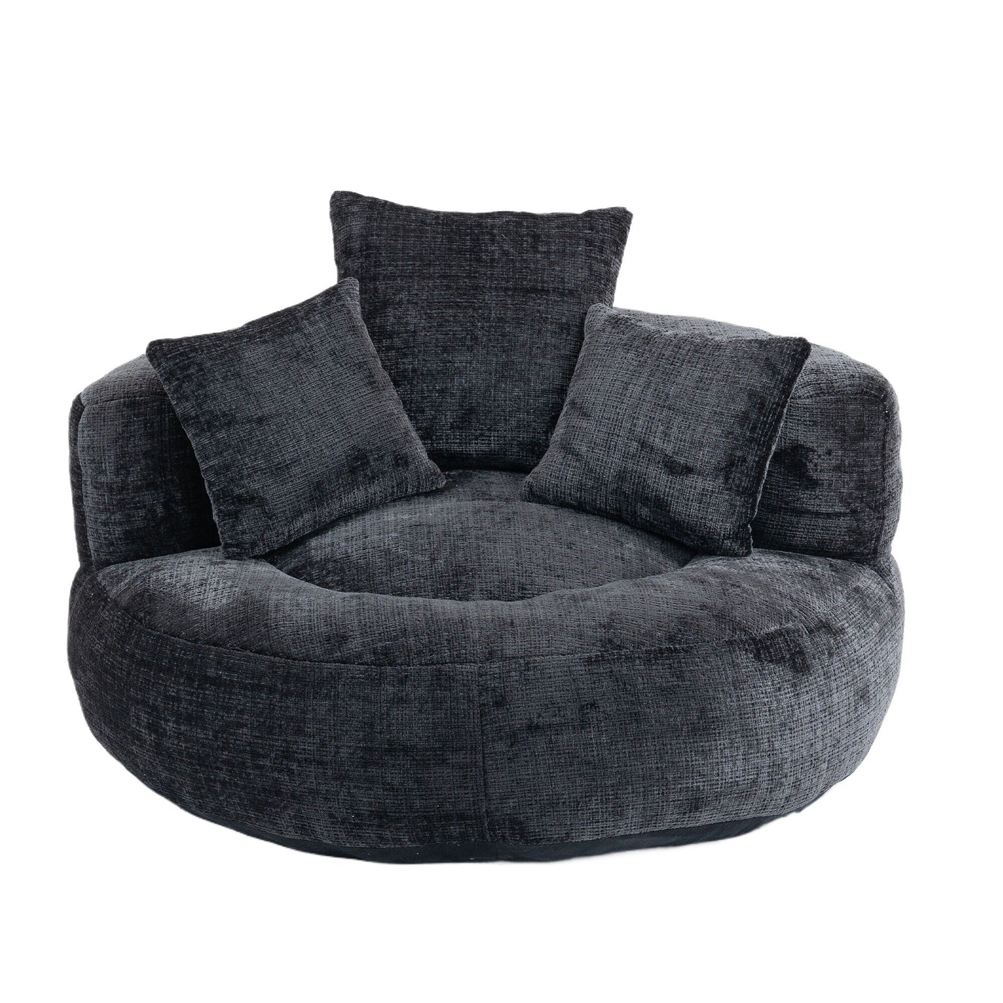 Canapé pouf géant noir en chenille 42.52, pour chambre à coucher, avec trois coussins.
