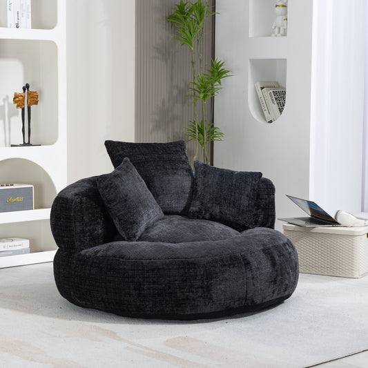 Canapé pouf géant noir en chenille 42.52, pour chambre à coucher, avec trois coussins.