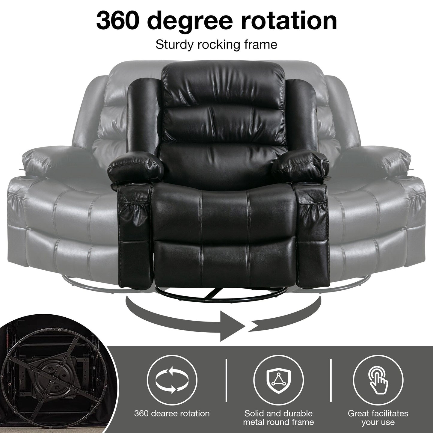 Fauteuil inclinable pivotant noir avec fonction de massage, chauffage et ports USB