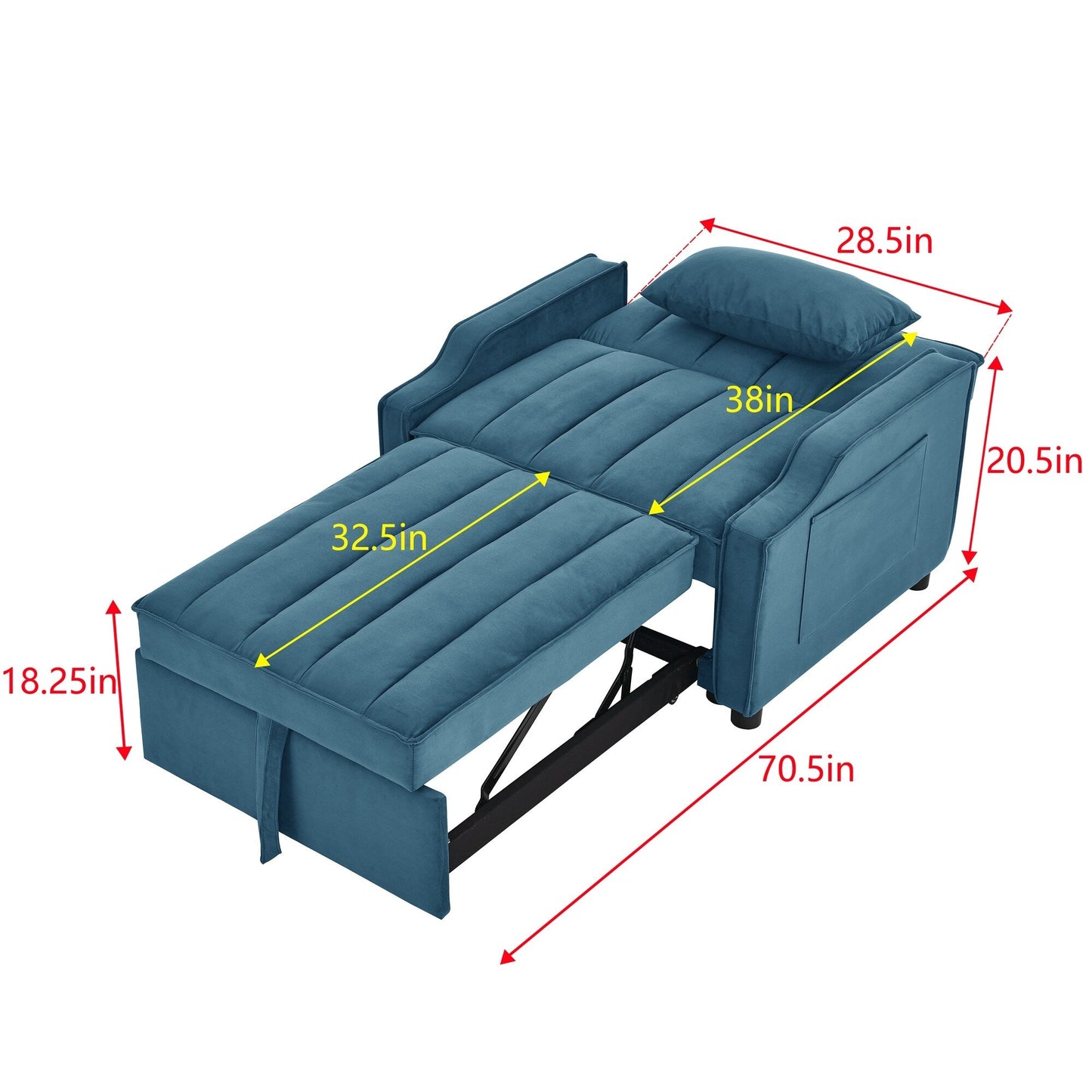 Canapé-lit simple convertible en velours bleu avec lit escamotable