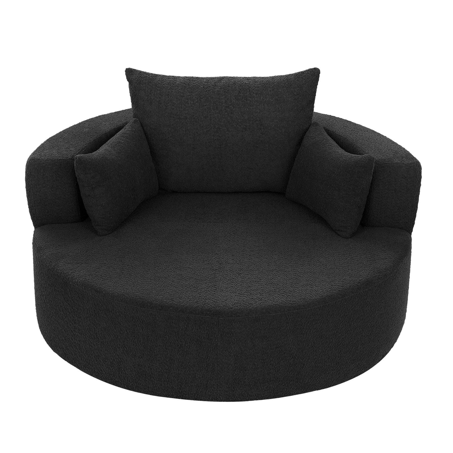 Fauteuil de salon en forme de tonneau avec accoudoirs en chenille, chaise de salon ronde avec base pivotante à 360 degrés et 3 coussins amovibles.