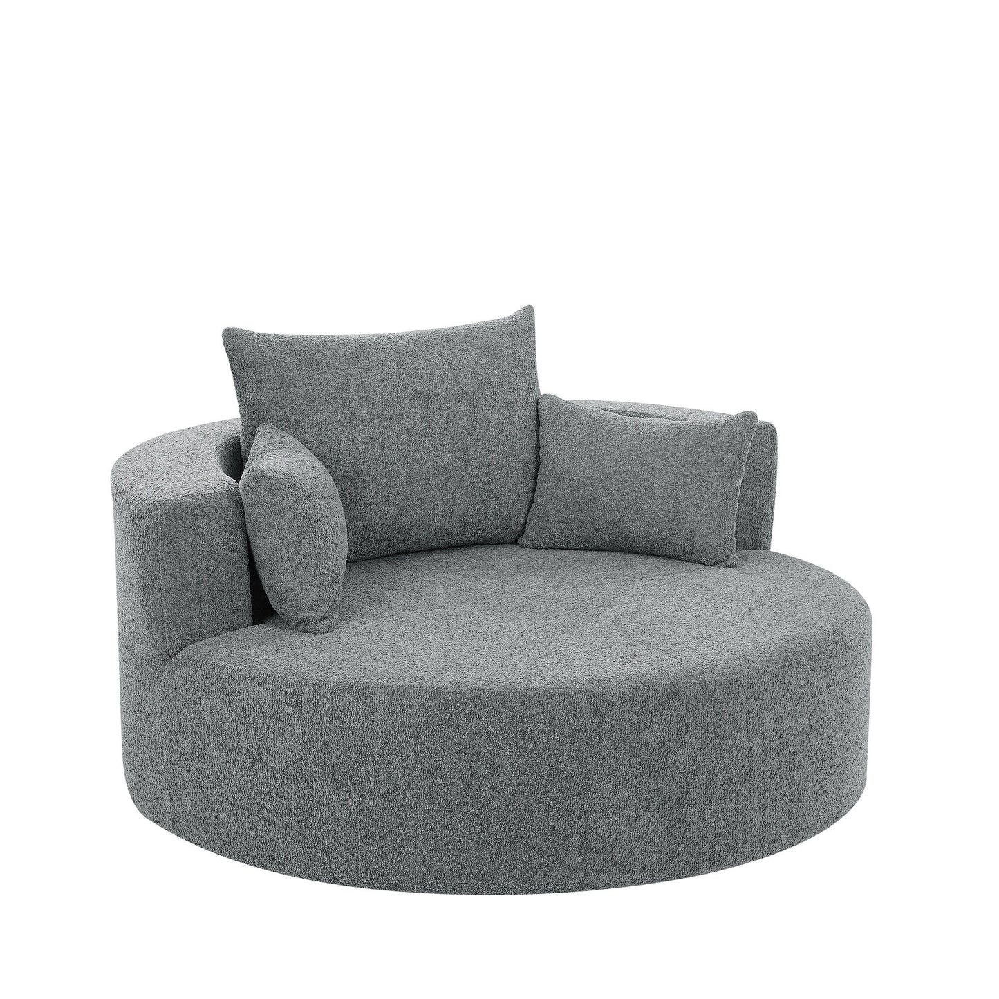 Fauteuil de salon en forme de tonneau avec accoudoirs en chenille, chaise de salon ronde avec base pivotante à 360 degrés et 3 coussins amovibles.