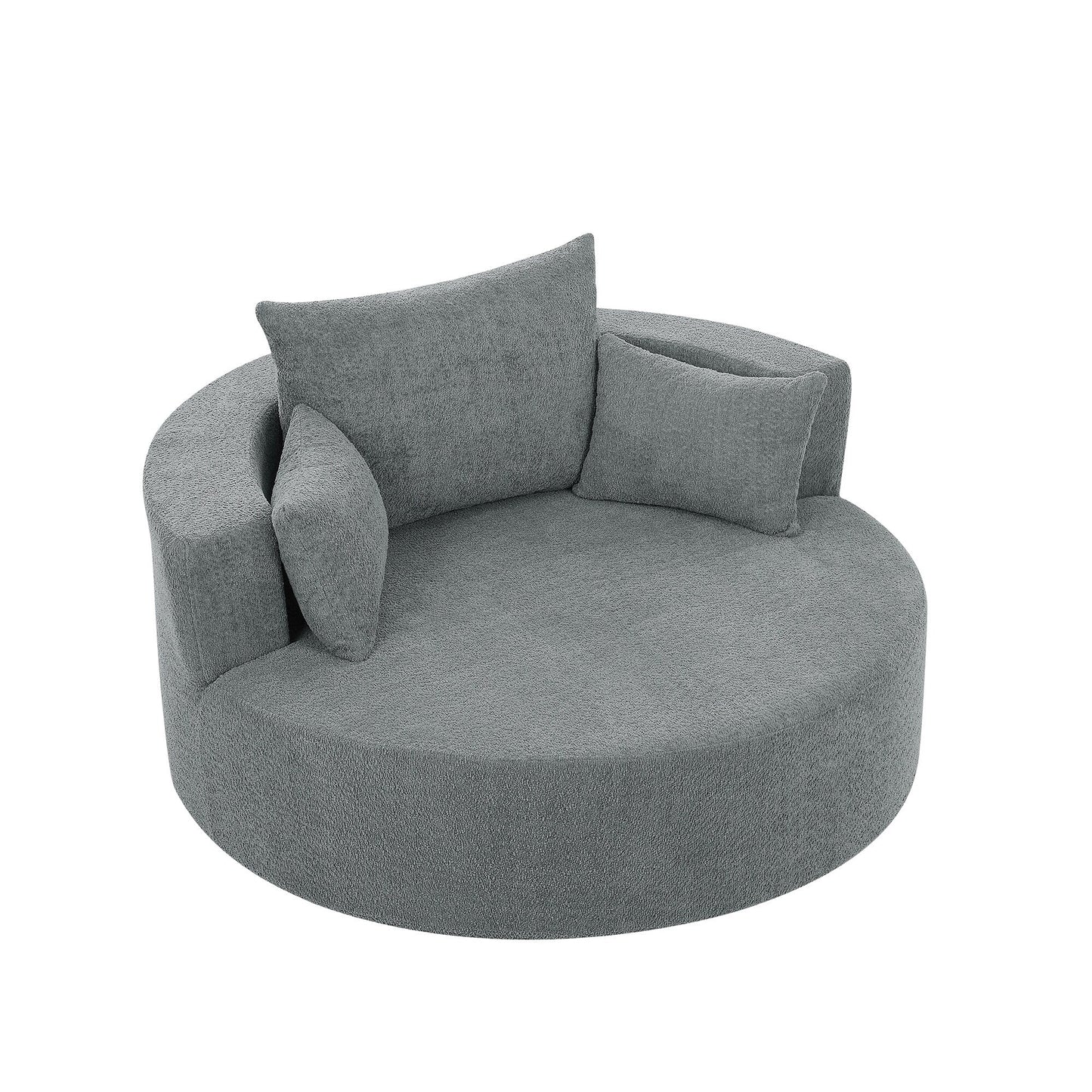 Fauteuil de salon en forme de tonneau avec accoudoirs en chenille, chaise de salon ronde avec base pivotante à 360 degrés et 3 coussins amovibles.