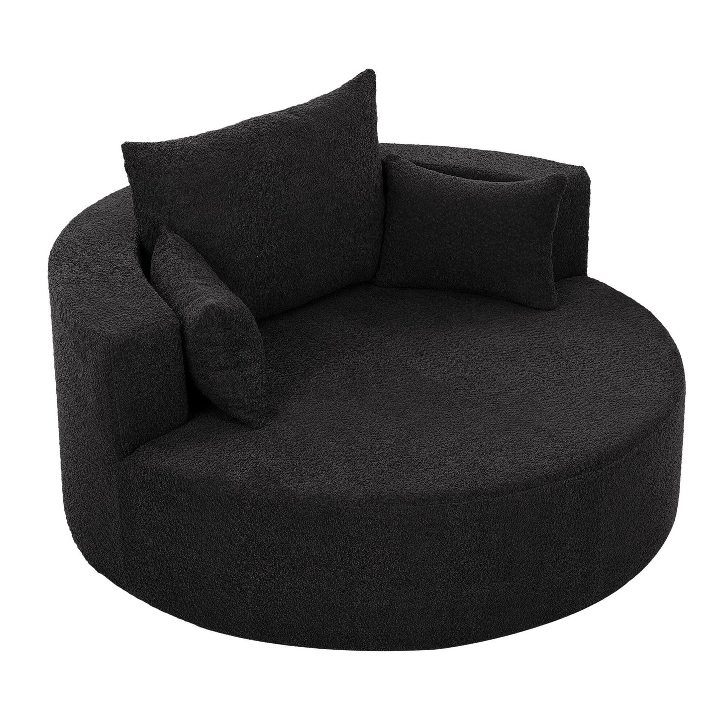 Fauteuil de salon en forme de tonneau avec accoudoirs en chenille, chaise de salon ronde avec base pivotante à 360 degrés et 3 coussins amovibles.