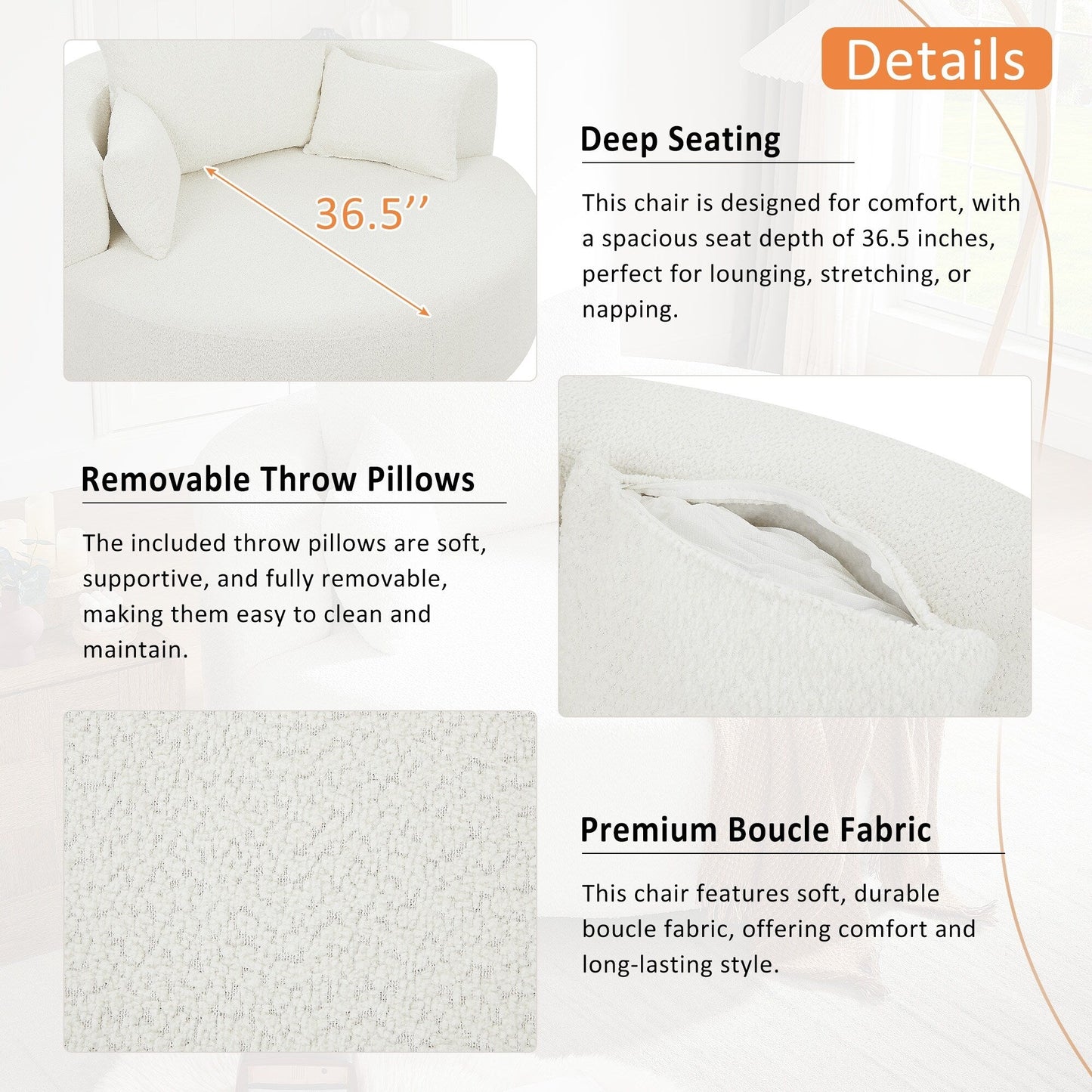 Fauteuil de salon en forme de tonneau avec accoudoirs en chenille, chaise de salon ronde avec base pivotante à 360 degrés et 3 coussins amovibles.