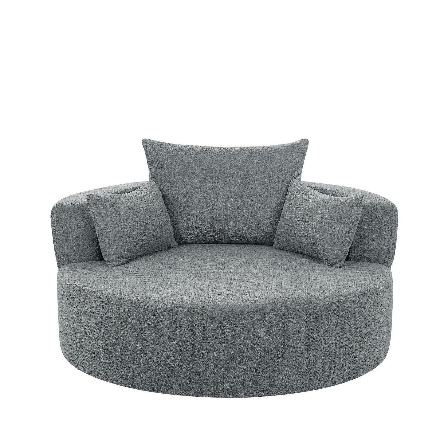 Fauteuil de salon en forme de tonneau avec accoudoirs en chenille, chaise de salon ronde avec base pivotante à 360 degrés et 3 coussins amovibles.