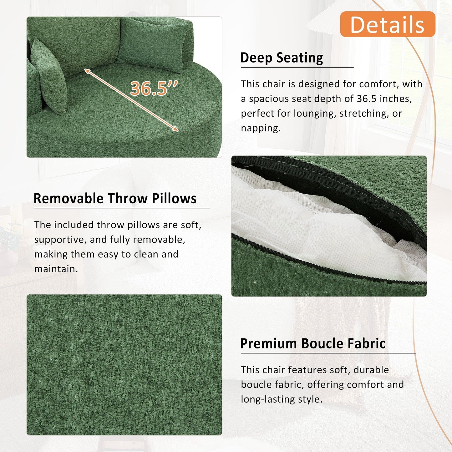 Fauteuil de salon en forme de tonneau avec accoudoirs en chenille, chaise de salon ronde avec base pivotante à 360 degrés et 3 coussins amovibles.