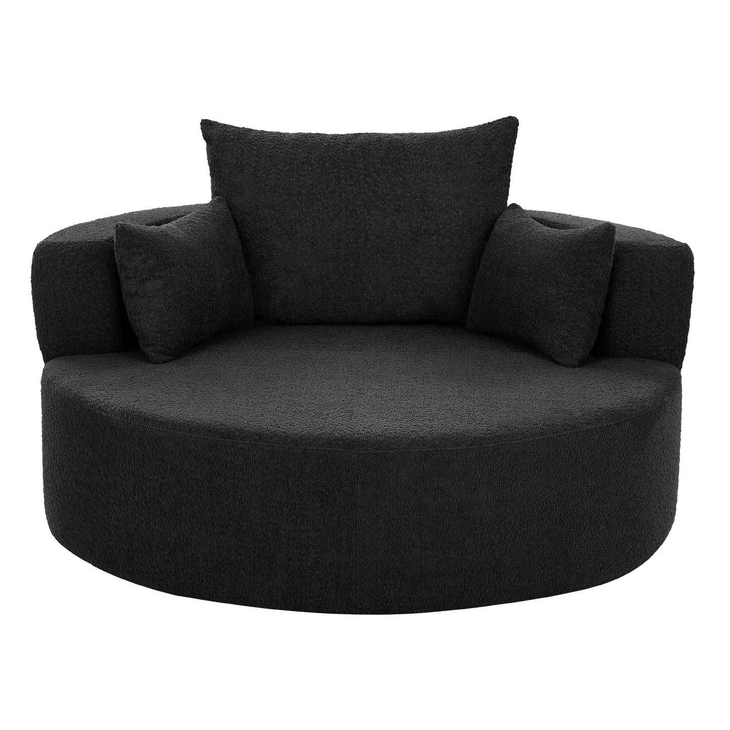Fauteuil de salon en forme de tonneau avec accoudoirs en chenille, chaise de salon ronde avec base pivotante à 360 degrés et 3 coussins amovibles.