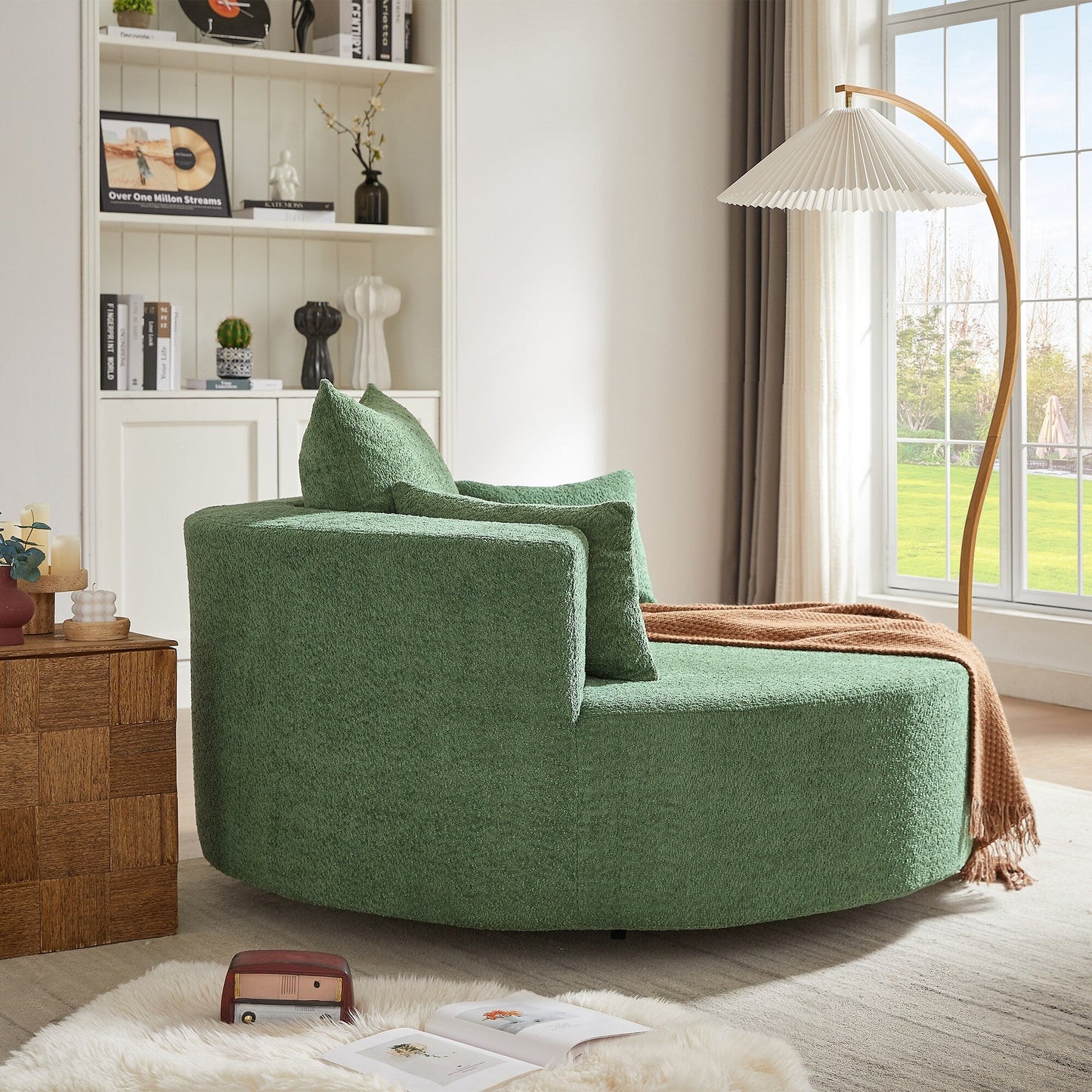 Fauteuil de salon en forme de tonneau avec accoudoirs en chenille, chaise de salon ronde avec base pivotante à 360 degrés et 3 coussins amovibles.