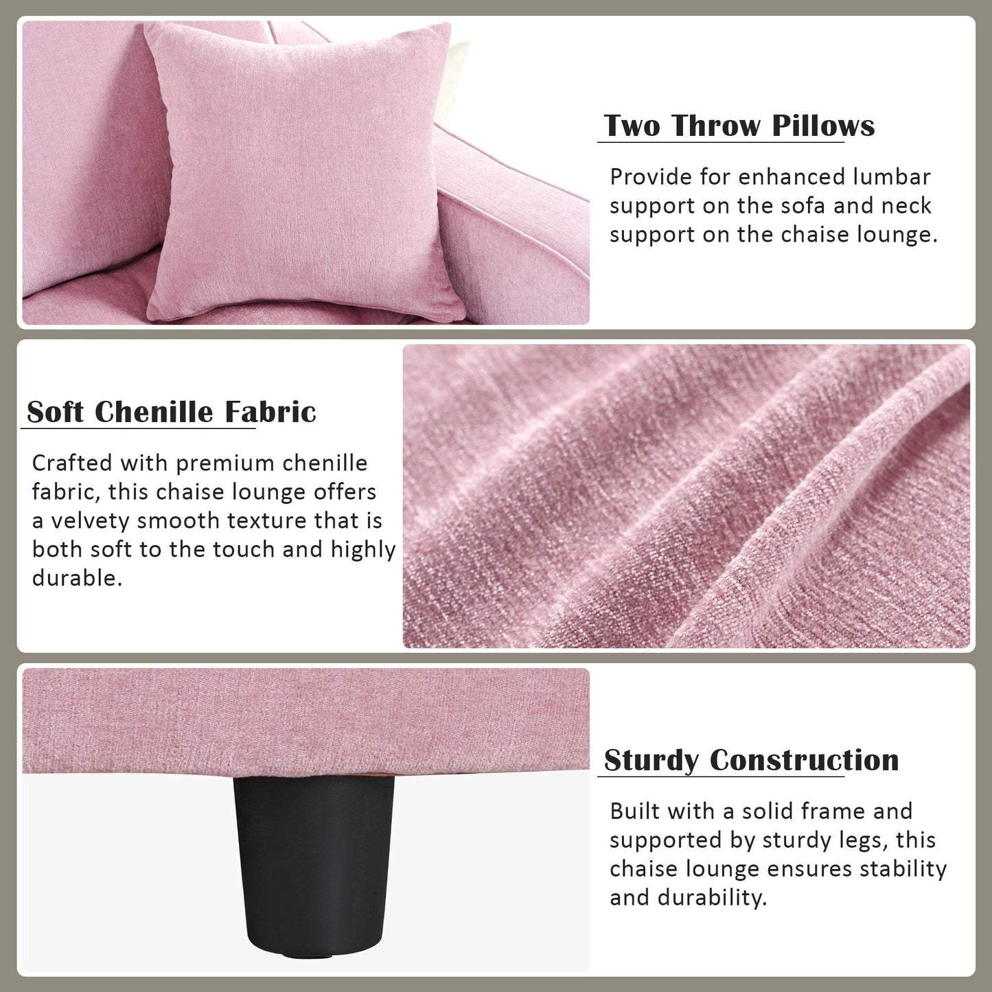 Canapé-lit chaise longue en chenille, canapé-lit recouvert de tissu avec dossier capitonné et 2 coussins amovibles pour le salon.